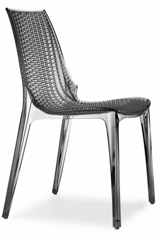 Design Stuhl, transparent grau, stapelbar, recycelbarer Kunststoff, mit Sitzkissen