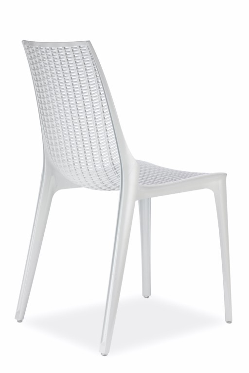 Design Stuhl, Hochglanz weiß, stapelbar, recycelbarer Kunststoff, mit Sitzkissen