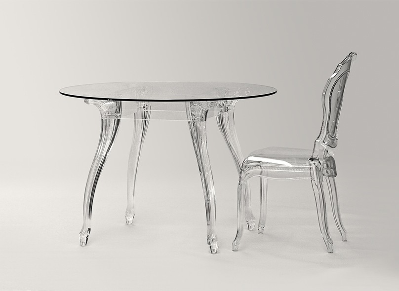 Tisch rund Glas und Policarbonat, Esstisch rund Barock, Tischplatte Glas, Durchmesser 110 cm
