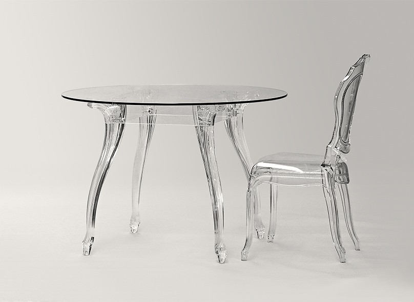 Tisch rund Glas und Policarbonat, Esstisch rund Barock, Tischplatte Glas, Durchmesser 100 cm