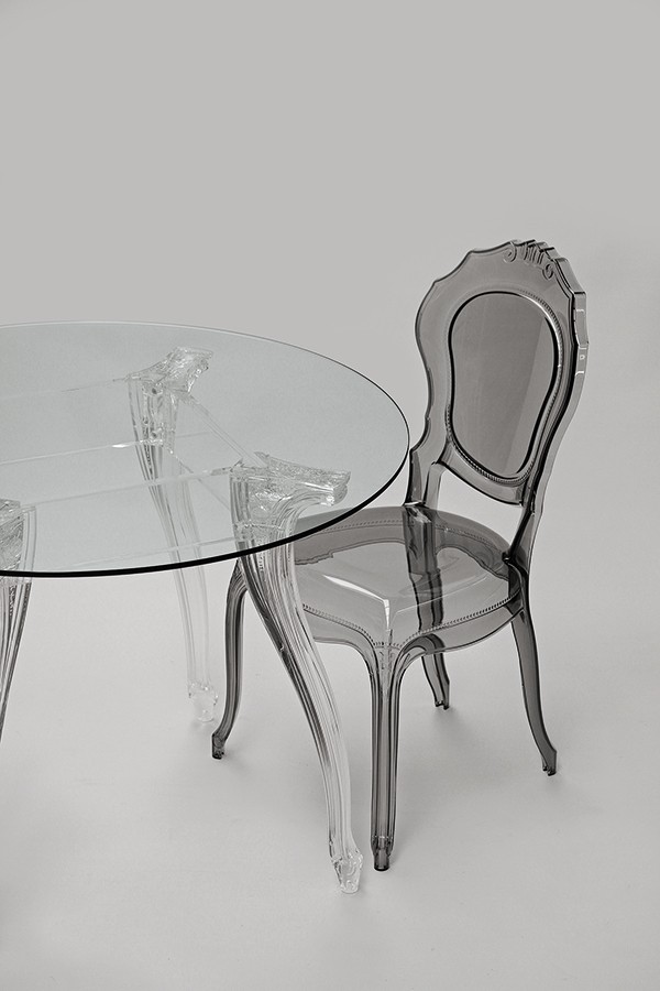 Tisch rund Glas und Policarbonat, Esstisch rund Barock, Tischplatte Glas, Durchmesser 110 cm