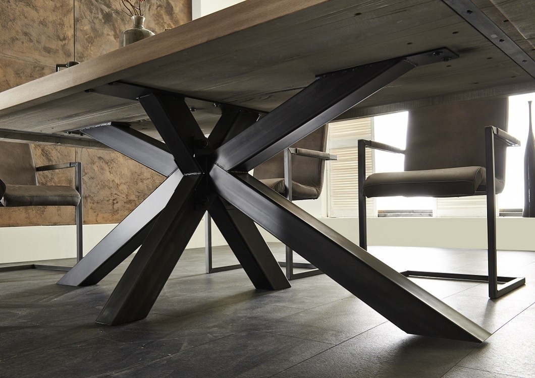 Esstisch Eiche Tischplatte, Tisch Massiv-Eiche Industriedesign Gestell aus Metall, Maße 200 x 100 cm 