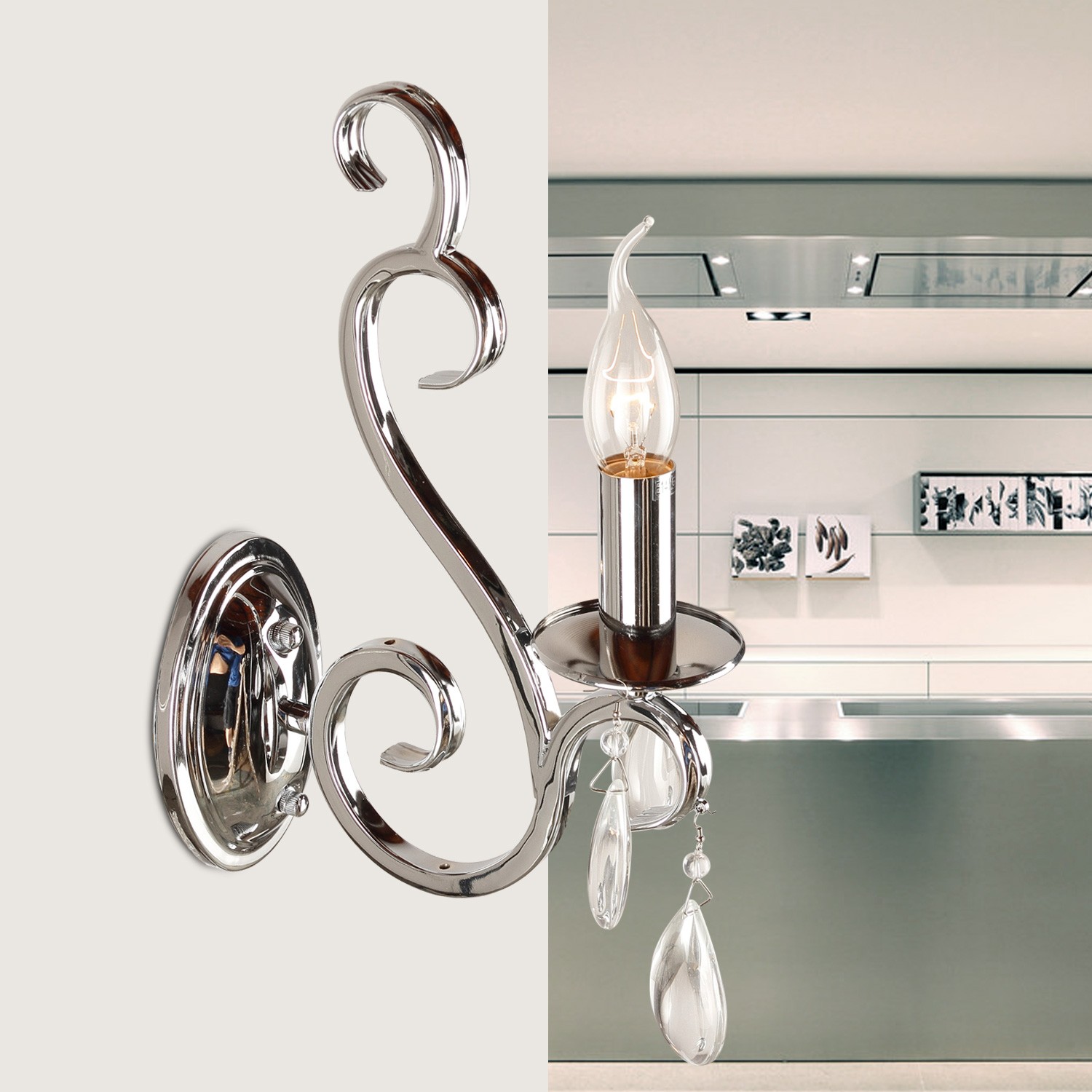 Kronleuchter verchromt 8-armig, Hängelampe Silber, Durchmesser 90 cm