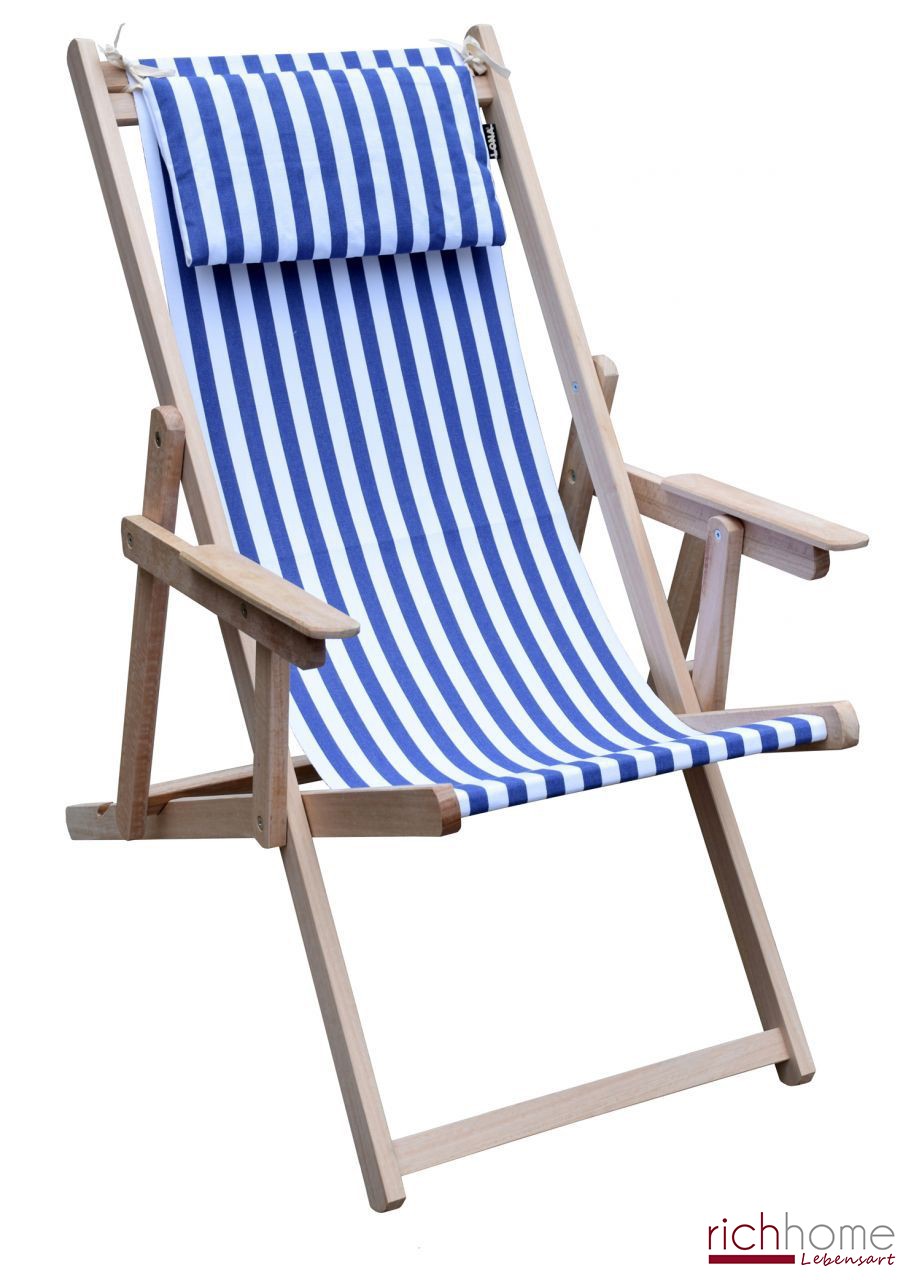 Liegestuhl gestreift aus Massivholz und Textil 100 % Baumwolle, Strandstuhl Farbe blau-weiß