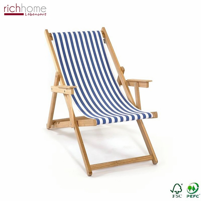 Liegestuhl gestreift aus Massivholz und Textil 100 % Baumwolle, Strandstuhl Farbe blau-weiß