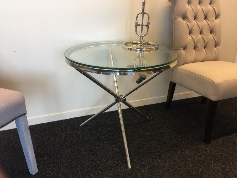 Beistelltisch rund silber Glas-Metall, Tisch rund verchromt Metall und Glas, Durchmesser 69 cm