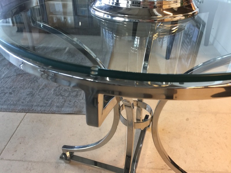 Tisch rund silber Glas-Metall, Beistelltisch rund verchromt Metall und Glas, Durchmesser 65 cm