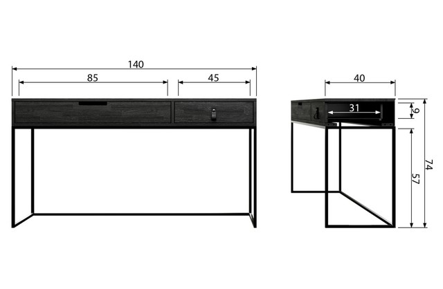 Schreibtisch schwarz, Konsole schwarz Holz Metall, Wandkonsole schwarz, Wandtisch Holz Metall Gestell, Breite 140 cm