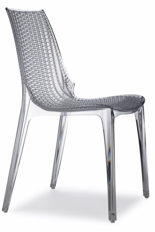 Design Stuhl, transparent, stapelbar, recycelbarer Kunststoff, mit Sitzkissen