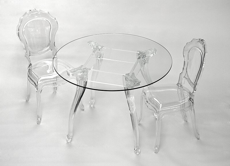Tisch rund Glas und Policarbonat, Esstisch rund Barock, Tischplatte Glas, Durchmesser 110 cm