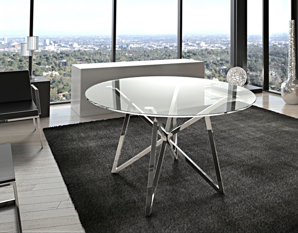 Runder Esstisch Glas Metall, Tisch rund verchromt, Glastisch rund, Durchmesser 120 cm