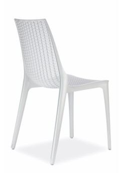 Design Stuhl, Hochglanz weiß, stapelbar, recycelbarer Kunststoff, mit Sitzkissen